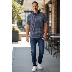 FootJoy Men's Striped Polo Shirt Navy White Short Sleeve Collared Button Size L